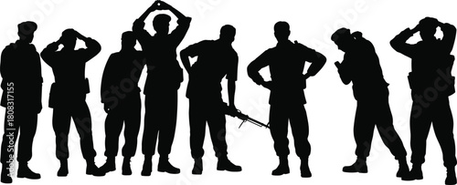 Silhouette of military soldiers standing in formation with various poses, armed forces teamwork concept, army troop illustration