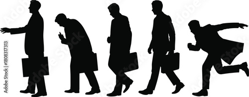 Silhouettes of business men walking and running with briefcases, corporate stress concept showing progression and urgency illustration