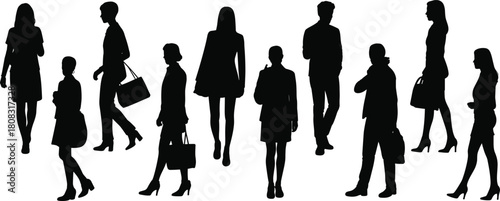Silhouettes of business people walking and standing in urban scene, corporate professionals commuting concept illustration background
