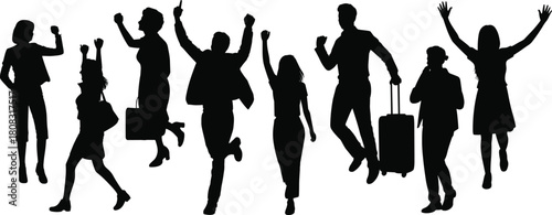 Silhouettes of joyful people jumping and celebrating together in excitement, happiness expression concept, energetic crowd illustration