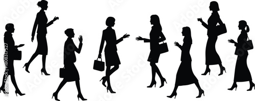 Silhouettes of businesswomen walking and talking in various poses, professional corporate lifestyle concept, workplace communication illustration