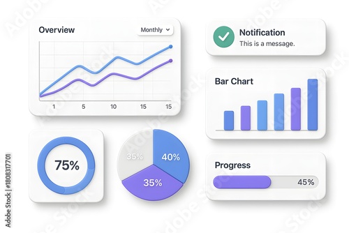 3D Dashboard UI Components — Charts, Graphs, and Widgets on White Background