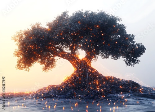 Dark Tree Illuminated by Orange Lights and Digital Network Roots glowing