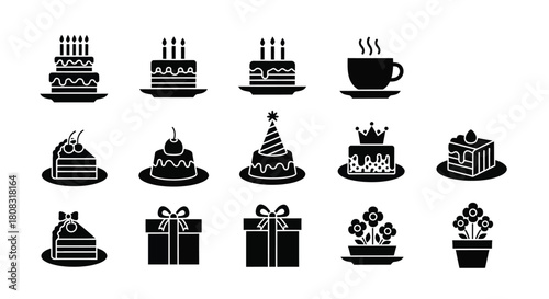Birthday party vector icons set cake gift flowers and coffee elements