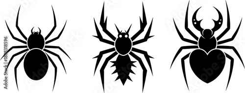 Stylized spider silhouettes with unique body shapes, detailed insect vector illustration for Halloween designs, creepy creature graphics, arachnid themed artwork for digital and print projects