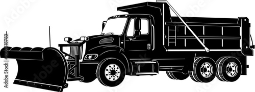 Heavy-duty snow plow dump truck silhouette vector illustration, winter road maintenance vehicle design, industrial machinery artwork for construction, transportation, and seasonal service projects