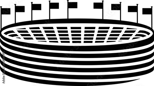 Modern sports stadium silhouette with flags, large arena architecture illustration, vector design for athletic events, competition venues, sports infrastructure concepts