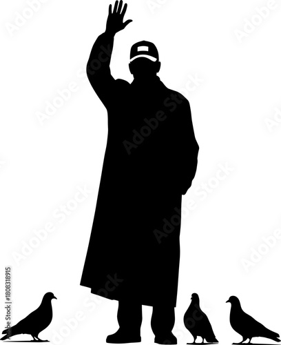 Silhouette of person in long coat and cap raising hand, urban street scene with pigeons, city wildlife vector illustration for outdoor lifestyle concepts