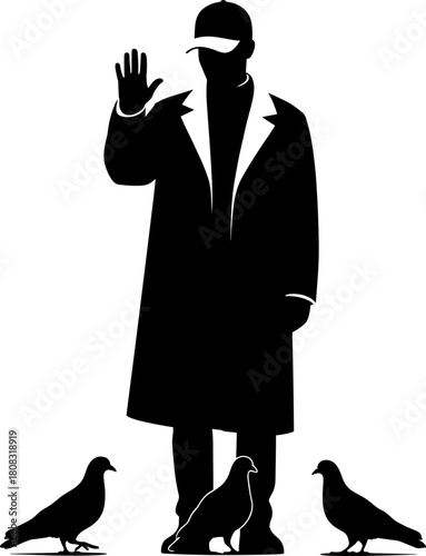 Silhouette of person in coat and cap standing with pigeons, urban street scene illustration, man waving hand, city wildlife vector graphic design