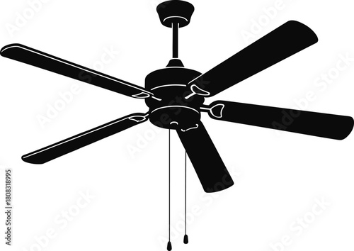 Ceiling fan vector silhouette with five blades, modern home cooling appliance illustration, interior ventilation design, household airflow device graphic for decorative overhead fixtures