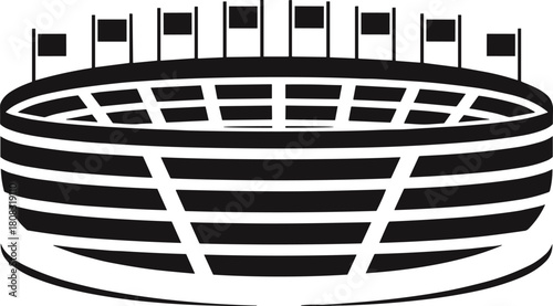 Modern sports stadium illustration, large arena architecture silhouette, detailed vector design for football and event graphics, branding, advertising, venue concepts, and creative projects