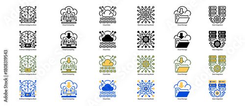 Digital AI Icon Set Line Icons, Outline Symbols for Machine Intelligence, Data Processing, Automated Systems, Predictive Modeling, and Smart Computation. Vector Sign Collection.