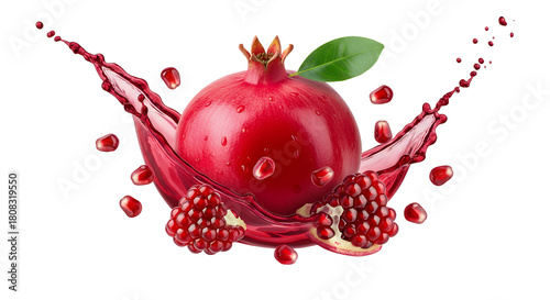 Vibrant whole pomegranate fruit surrounded by an energetic splash of fresh juice and scattered ruby-red arils, embodying natural deliciousness and healthy refreshment