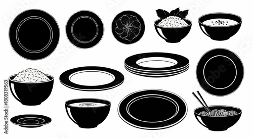 Graphic illustration set of various plates bowls and Asian food.