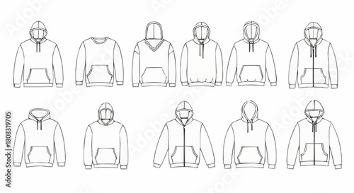 Collection of various hoodie designs in outline sketches.