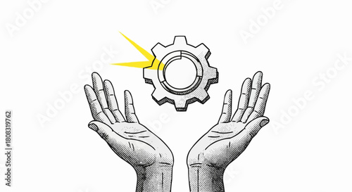 Hands holding gear representing technology and innovation with light.