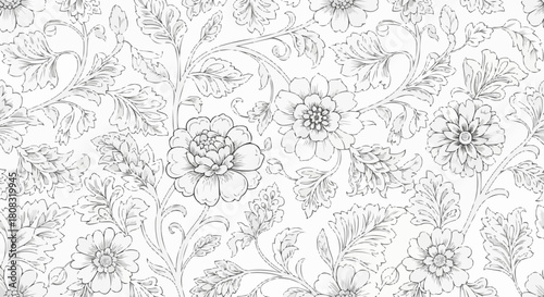 Intricate black and white floral line art pattern for coloring.