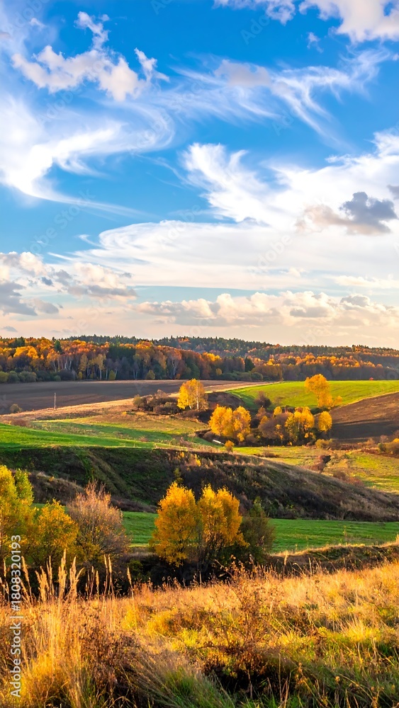 Fototapeta premium Autumnal landscape with rolling hills under a wispy blue sky at dusk, glowing with a warm, golden light