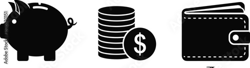 Finance icons set piggy bank dollar coins and wallet black silhouette vector illustration isolated