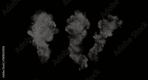 Set of Three Realistic Gray Smoke Plumes Isolated on Black Background Overlay