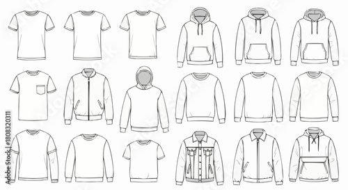 Assortment of Clothing Templates - T-shirts, Hoodies, and Jackets for Design Mockups.