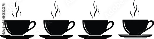 Row of four steaming black coffee cup silhouettes on saucers vector illustration isolated on white