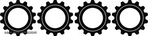 Row of four black gear wheels, industrial mechanical cog icons set, vector illustration isolated white