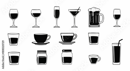 Collection of Hand-Drawn Beverage Glasses and Cups in Various Styles.