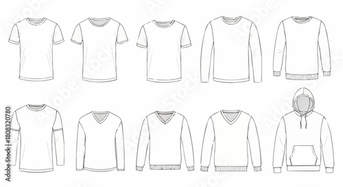 Collection of Clothing Line Art - T-Shirts, Sweatshirts, and Hoodie.