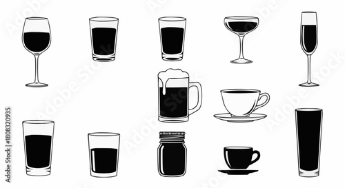 Collection of Various Drink Glasses and Cups Hand Drawn Style.