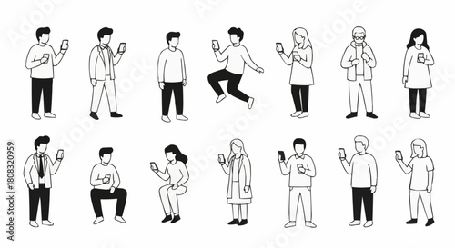 Hand drawn doodle set of diverse people using their smartphones.