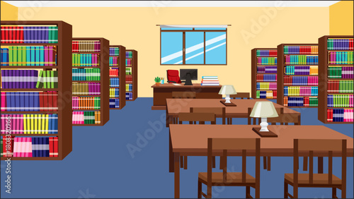 Library Front View Collage School Study Room Bookshelf Table And Desk Vector