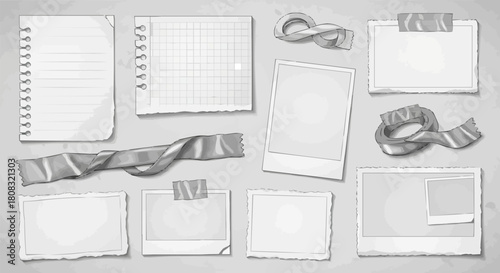 Collection of blank paper notes and photos with tape and ribbons.