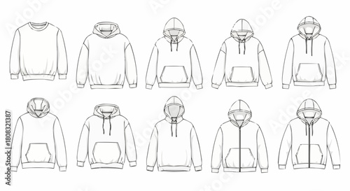 Collection of various hoodie and sweatshirt technical fashion flat sketches.