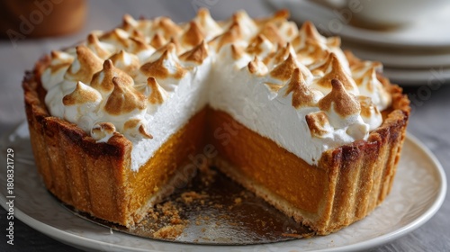Wallpaper Mural A freshly baked pumpkin pie with a golden crust and fluffy meringue topping is sliced and ready to serve on a plate. This treat is perfect for fall celebrations. Torontodigital.ca