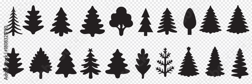 Pine tree silhouette vector set, fir tree icons, evergreen forest symbols, Christmas tree shapes, nature illustration, winter clipart.