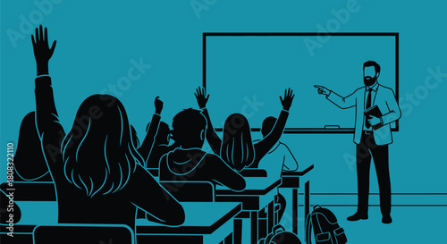 Classroom scene with students raising hands and teacher teaching