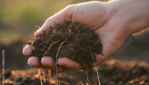 Close-up of fertile soil held in a hand under warm sunlight, representing organic farming, planting,
