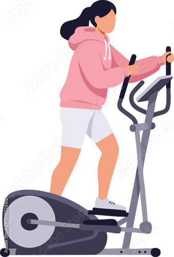 Minimalist Vector Illustration of Woman Using Elliptical Trainer in Modern Fitness Style with Pink Hoodie and White Shorts