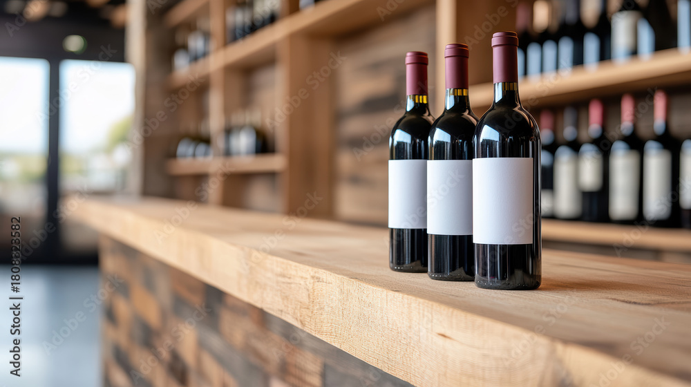 Naklejka premium Premium red wine bottle on wooden counter evoking cozy tasting room atmosphere