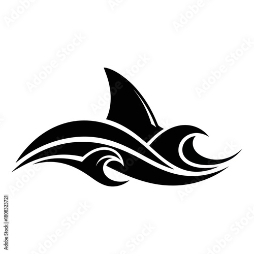 Stylized black shark fin emerging from tribal ocean waves.