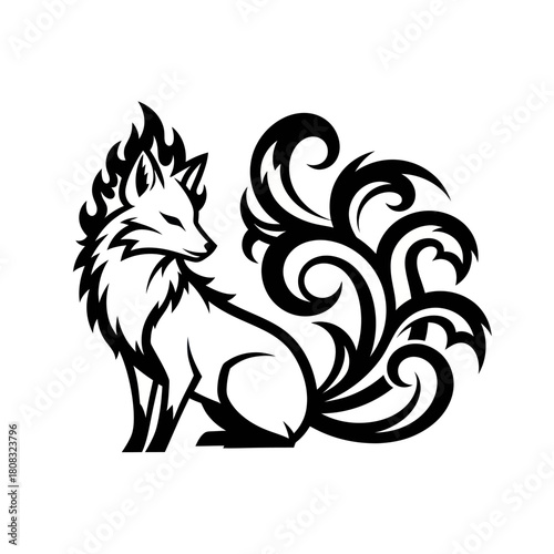 Stylized Black and White Fox with Fiery Mane and Ornate Tail.