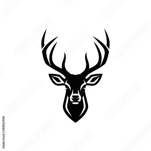 Minimalist black stag head with large antlers logo.