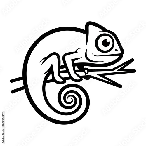 Simple black and white outline drawing of a chameleon on a branch.