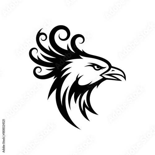 Stylized black and white mythical bird head illustration.