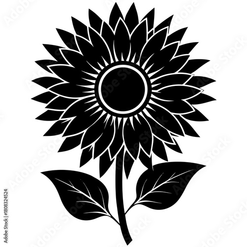 Illustration of a tall sunflower silhouette with large leaves and a plant stem