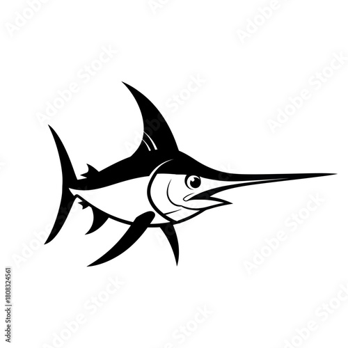 Stylized black and white swordfish illustration graphic.