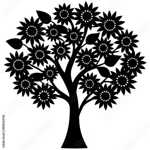 A vector of a plant stem with many sunflower silhouettes 