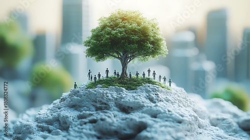 Green tree on rocky island surrounded by city buildings and tiny people nature
