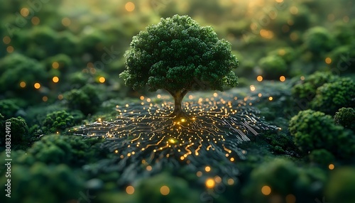 Green tree with glowing circuit board roots in lush forest technology nature